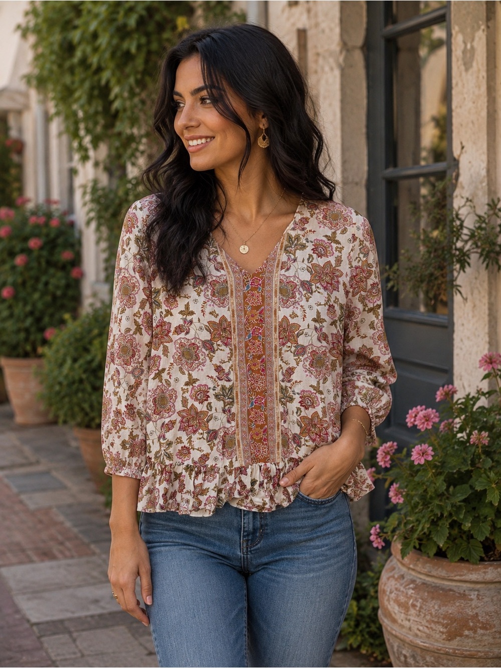 Cynthia Rowley Pink Floral V-Neck Peplum Blouse